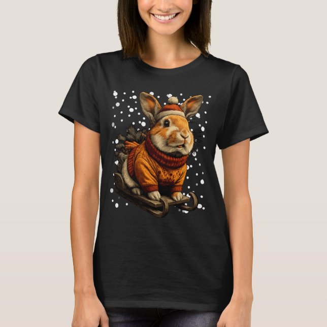 Camiseta Cute Christmas Rabbit Sledding In Snow Funny Winte (Anverso)