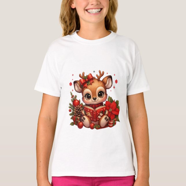 Camiseta Cute Christmas Reindeer Reading Book (Anverso)
