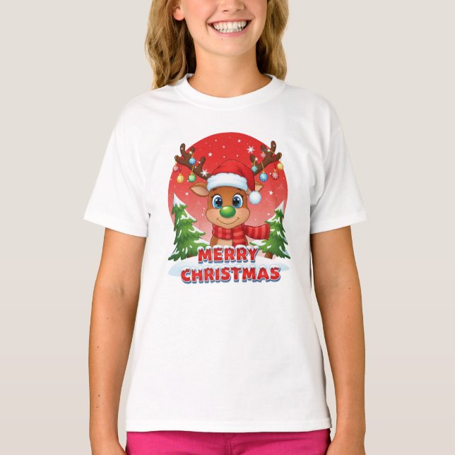 Camiseta Cute Christmas Reindeer with Santa Hat Ornaments (Anverso)