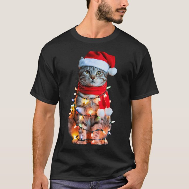 Camiseta Cute Christmas Tabby Cat In Lights Santa Hat For K (Anverso)