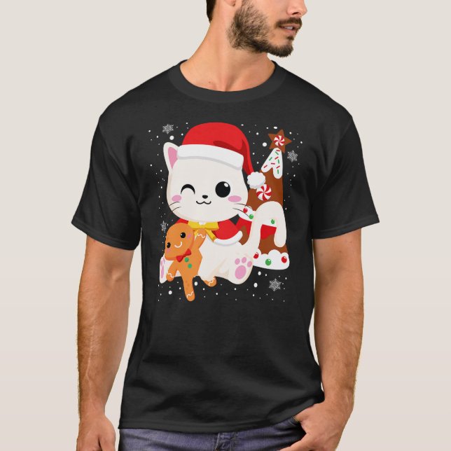 Camiseta Cute Christmas White Cat Gingerbread Xmas Kittens  (Anverso)