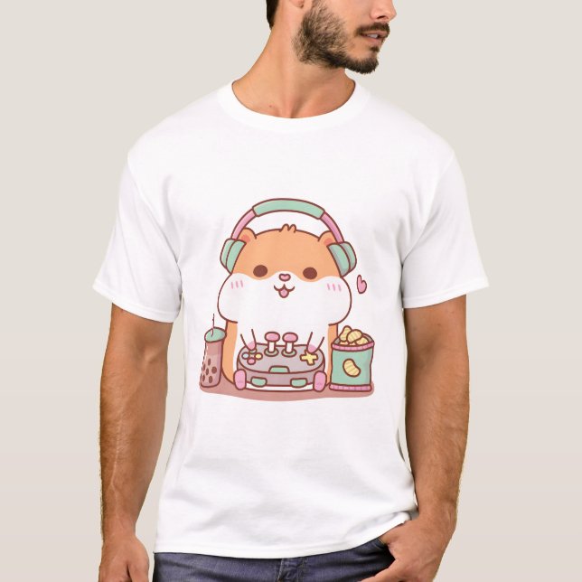 Camiseta Cute Chubby Hamster Gamer jugando video juegos (Anverso)