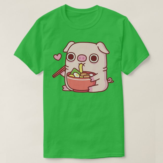Camiseta Cute Chubby Piggy Comiendo fideos de Ramen (Diseño del anverso)
