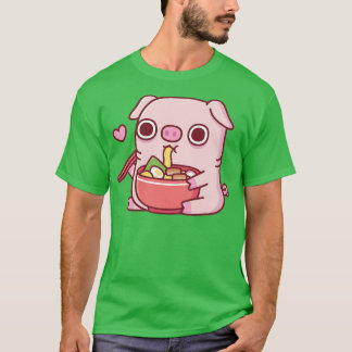 Camiseta Cute Chubby Piggy Comiendo fideos de Ramen