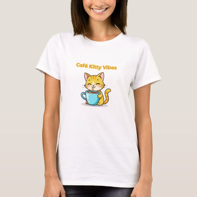 Camiseta **Cute Coffee Cat – Adorable Cat Drinking Coffee I (Anverso)