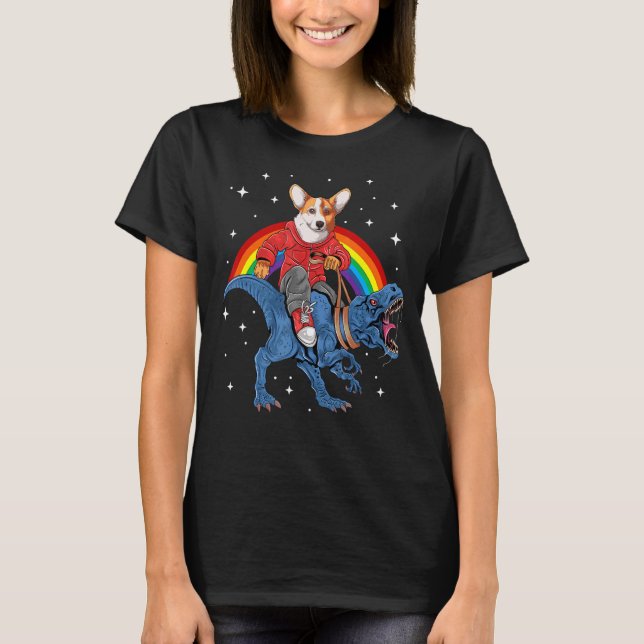 Camiseta Cute Corgi Riding Dinosaur Rex Space Galaxia Rainb (Anverso)