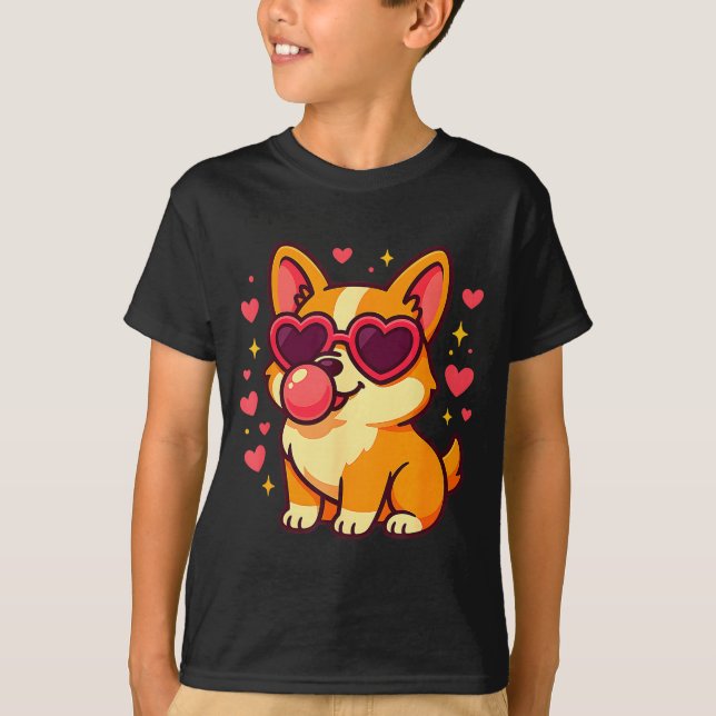 Camiseta Cute Corgi Valentine Puppy With Heart Sungles  (Anverso)
