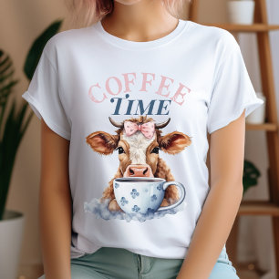 Camiseta Cute Country Coffee Time Cow Watercolor