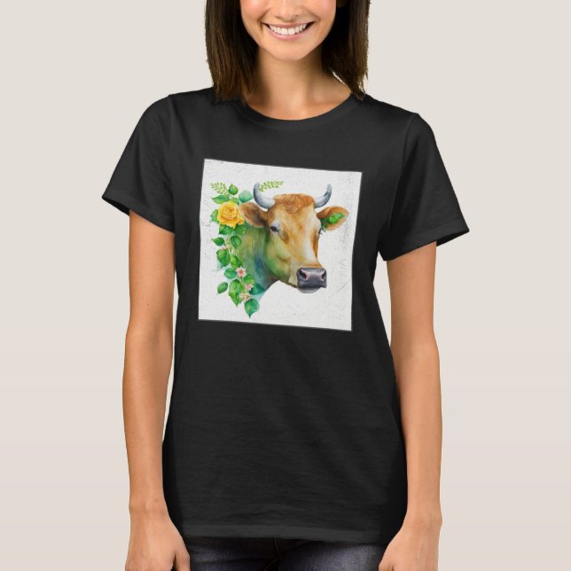 Camiseta Cute Cow Illustration Flowers Laefy Green Women Me (Anverso)