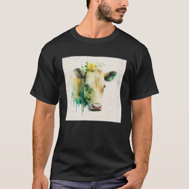 Camiseta Cute Cow Illustration Flowers Laefy Green Women Me (Anverso)