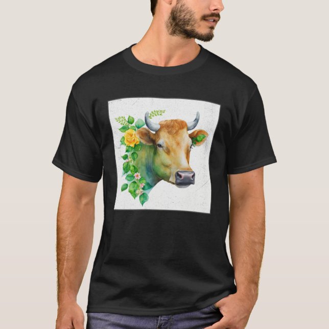 Camiseta Cute Cow Illustration Flowers Laefy Green Women Me (Anverso)