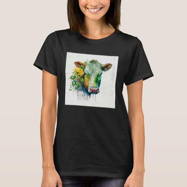 Camiseta Cute Cow Illustration Flowers Laefy Green Women Me (Anverso)