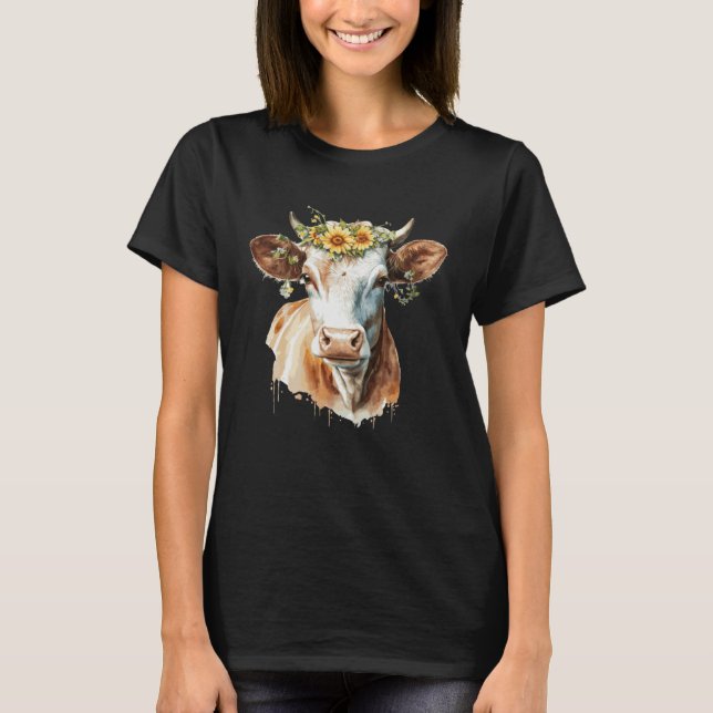 Camiseta Cute Cow Sunflower Watercolor Cattle Farm Animal (Anverso)
