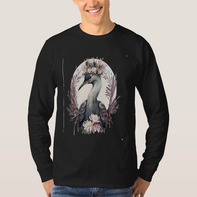 Camiseta Cute Crane Bird Flower Crown Floral Birding (Anverso)