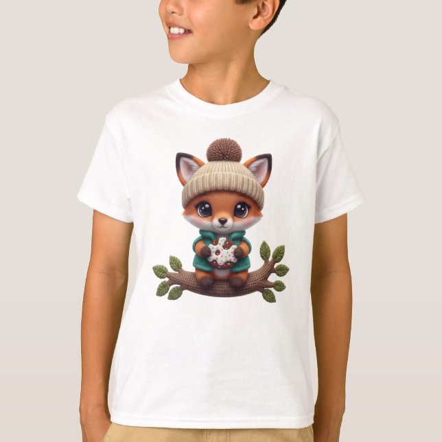 Camiseta Cute Crochet Autumn Fox with Cookie – Fall Art (Anverso)