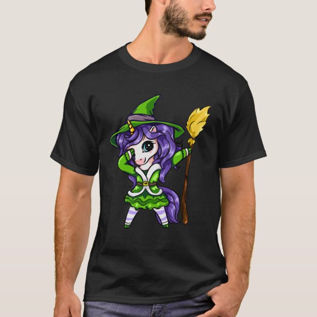Camiseta Cute Dabbing Unicorn Girl Witch With Broom Hallowe (Anverso)