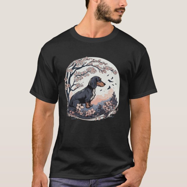 Camiseta Cute Dachshund Cherry Blossom Dog Breed Japanese W (Anverso)