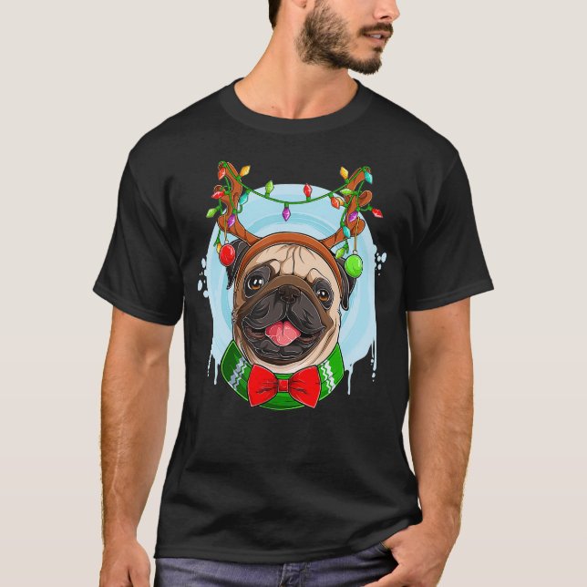 Camiseta Cute de traje de Santa Pug ilumina árbol de Navida (Anverso)