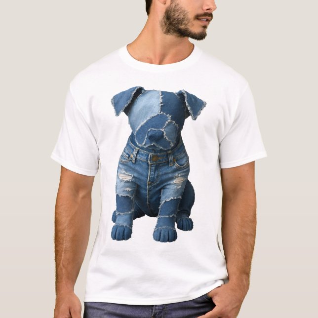 Camiseta Cute Denim Patchwork Art Dog T-Shirt (Anverso)
