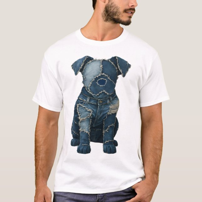 Camiseta Cute Denim Patchwork Art Dog T-Shirt (Anverso)