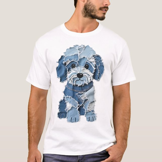 Camiseta Cute Denim Patchwork Dog Illustration (Anverso)