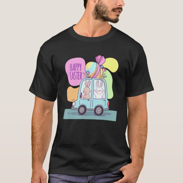 Camiseta Cute Día de Pascua Bunny Eggys Coche Feliz Pascua  (Anverso)