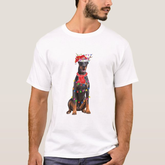 Camiseta Cute Doberman Árbol de Navidad Ilumina Perro Lover (Anverso)