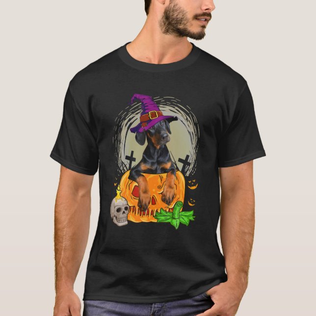 Camiseta Cute Doberman Witch Pumpkin Halloween Perro Lover (Anverso)