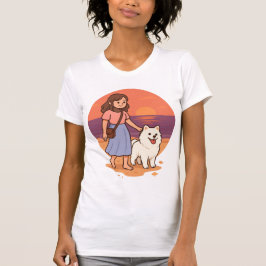 Camiseta Cute Dog Mom Walking Fluffy Pup on Sunset Beach 