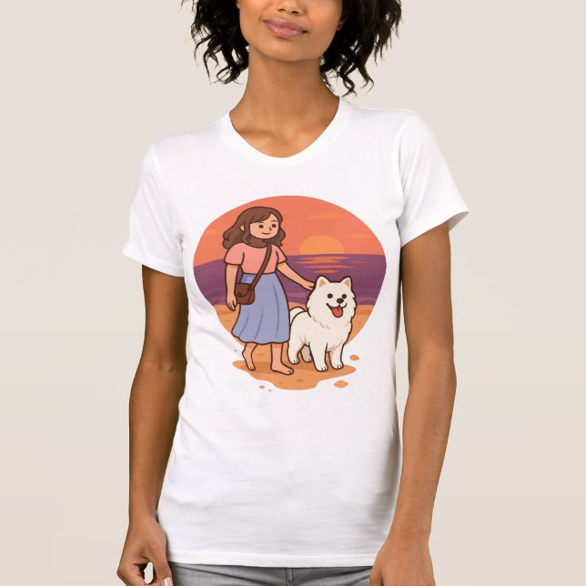 Camiseta Cute Dog Mom Walking Fluffy Pup on Sunset Beach  (Anverso)