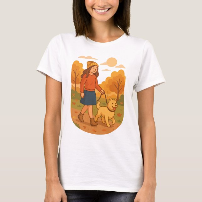 Camiseta Cute Dog Mom Walking Pup in Cozy Forest  (Anverso)