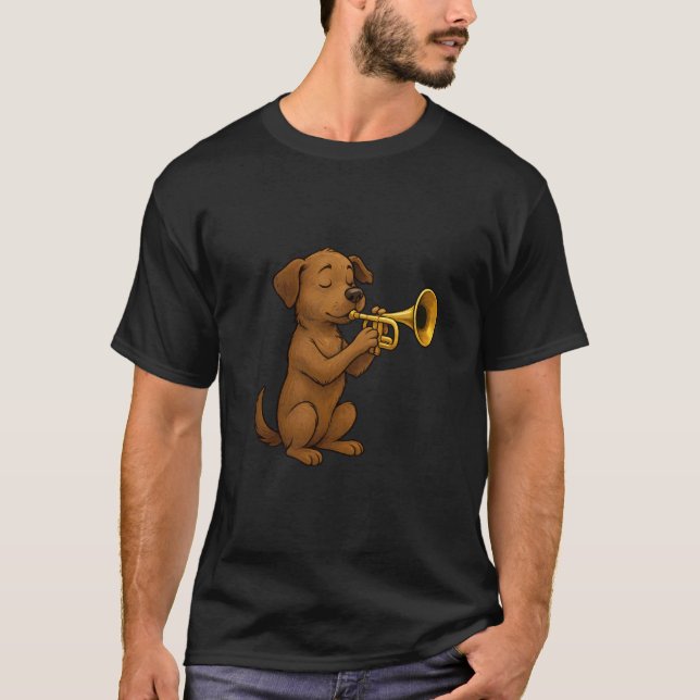 Camiseta Cute Dog Playing Trumpet, Funny Dog Trumpet (Anverso)