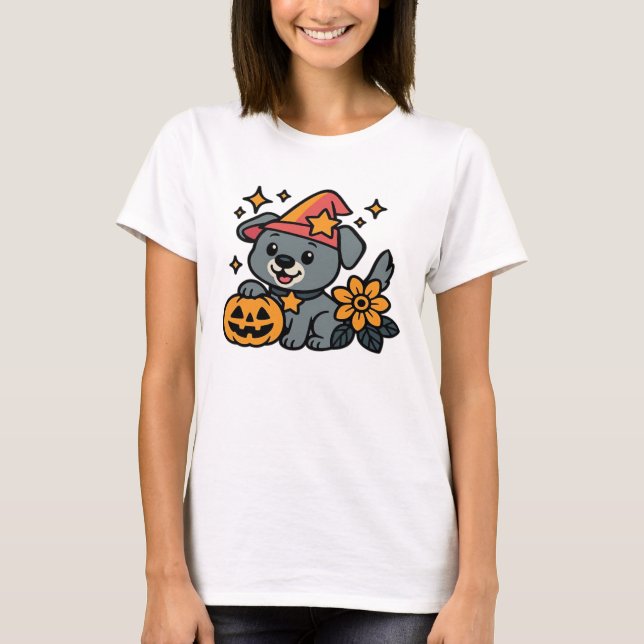 Camiseta Cute Dog Witch hat Pumpkin Fun Halloween Oversized (Anverso)