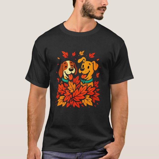 Camiseta Cute Dogs Playing in Autumn Leaves Fall Puppy Dog  (Anverso)