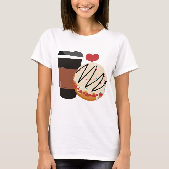 Camiseta Cute Donut and Coffee Couple Valentine Design (Anverso)