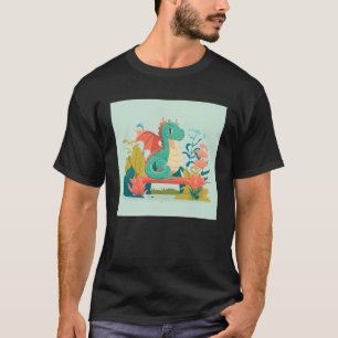 Camiseta Cute Dragón Verde sentado en un banco en un jardín