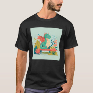 Camiseta Cute Dragón Verde sentado en un banco en un jardín