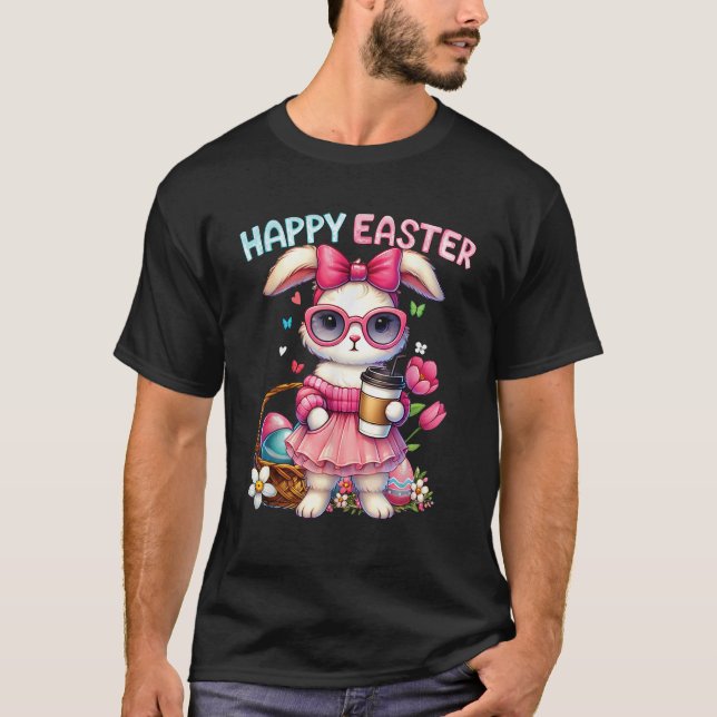Camiseta Cute Easter Bunny Drinking Ice coffee Easter Bow W (Anverso)