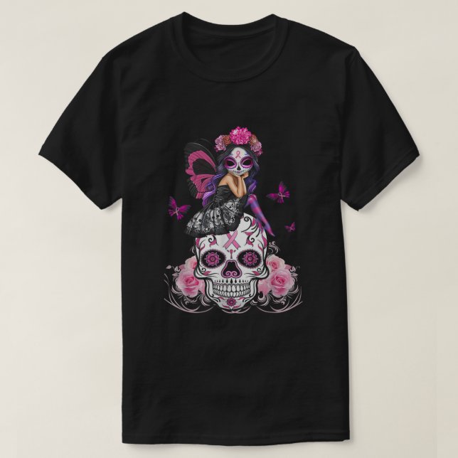 Camiseta Cute Fairy Sugar Skull Cáncer de pecho Mariposa Pi (Diseño del anverso)