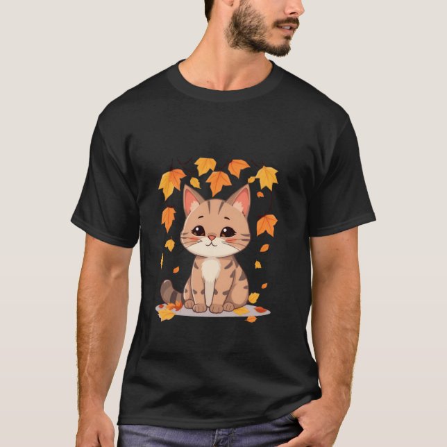 Camiseta Cute Fall Cat Autumn Leaves Gold Orange Art ✨🐾🍂 (Anverso)