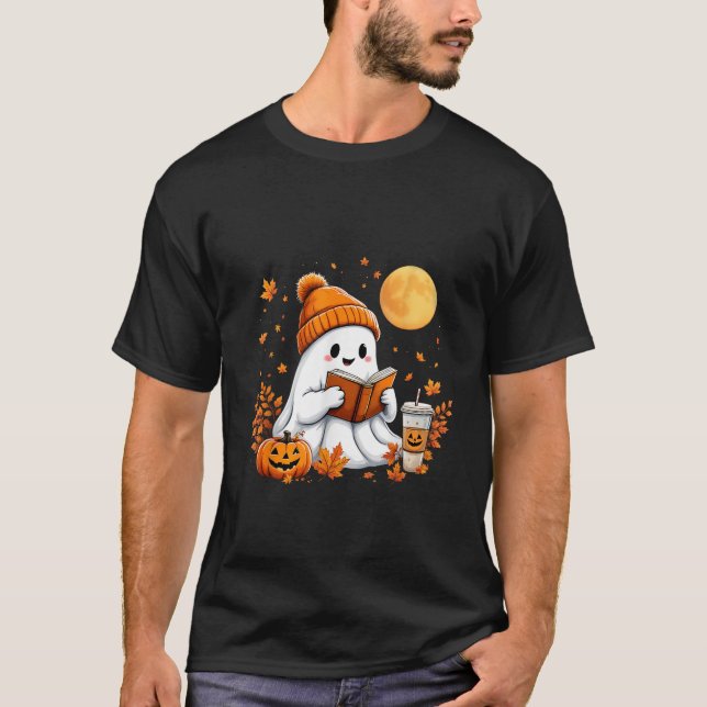 Camiseta Cute fantasma leyendo libro Halloween otoño otoño  (Anverso)