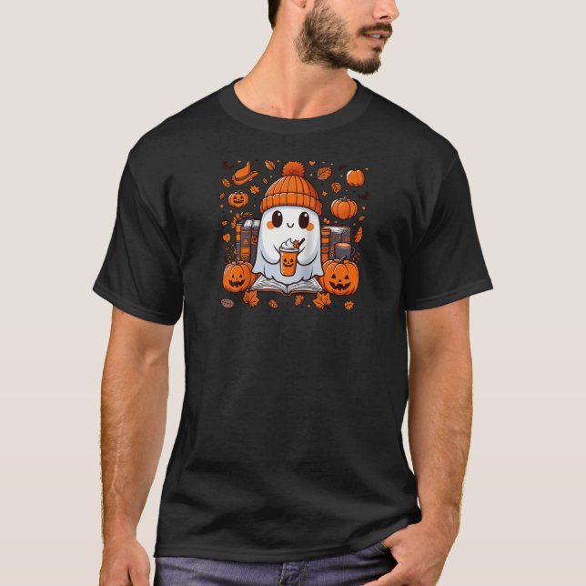 Camiseta Cute fantasma leyendo libro otoño café Halloween (Anverso)