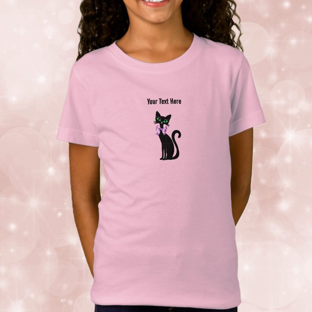 Camiseta Cute Female Black Cat Pink Bow Green Eyes (cute black cat green eyes wearing pretty pink bow on kids tee shirt.)
