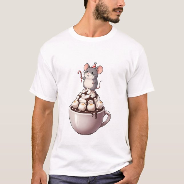 Camiseta Cute Festive Mouse Standing on Hot Chocolate (Anverso)