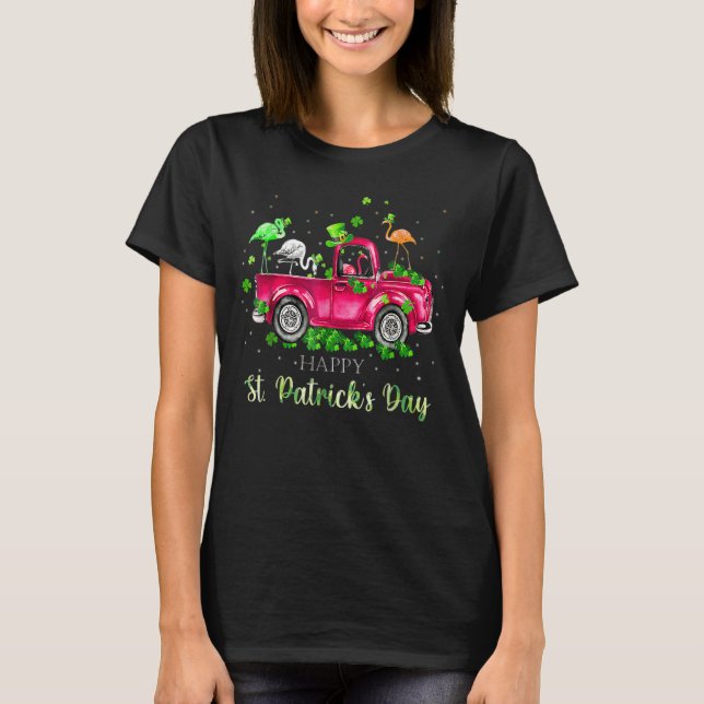Camiseta Cute Flamingo Camión Shamrock Green St Patrick Day (Anverso)
