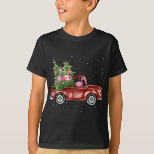 Camiseta Cute Flamingo Ride Wagon Red Truck Xmas Tree Funny