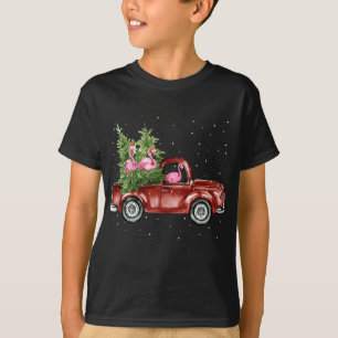 Camiseta Cute Flamingo Ride Wagon Red Truck Xmas Tree Funny