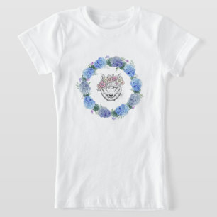 Camiseta Cute Floral Blue Hydrangea Wolf T-Shirt