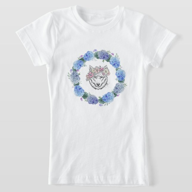 Camiseta Cute Floral Blue Hydrangea Wolf T-Shirt (Distribución)
