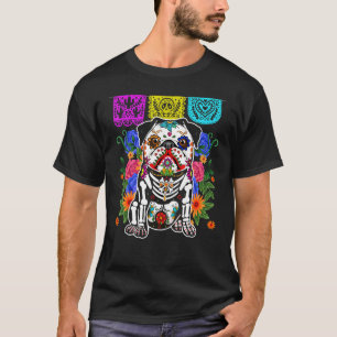 Camiseta Cute Floral Sugar Skull Pug Perro Dia de Muertos H